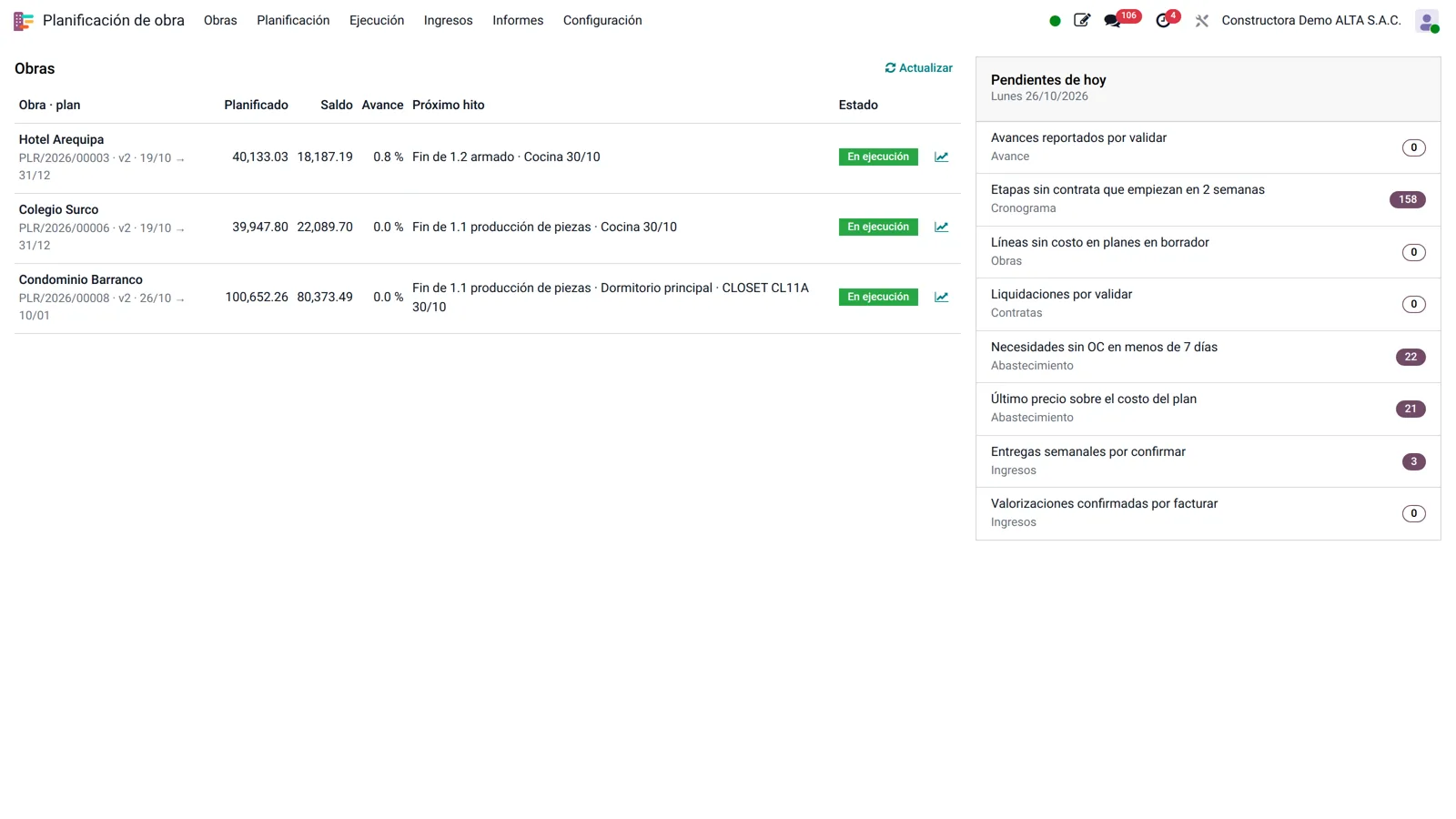 Pantalla de Odoo: Inicio del planificador